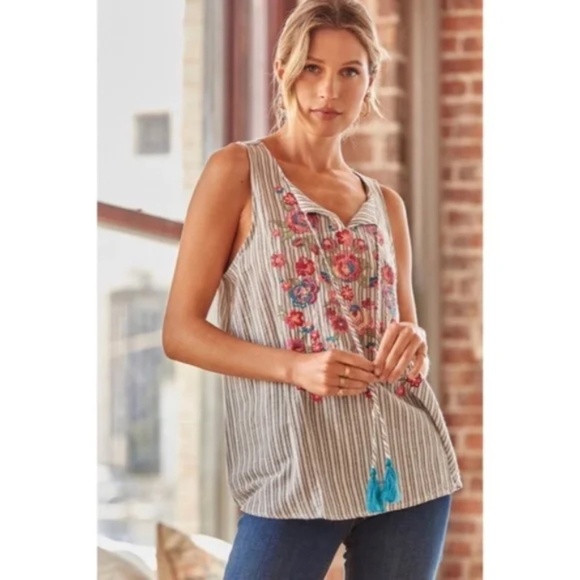 Denim Striped Embroidered Floral Sleeveless Tassel Tie Relaxed Boho Blouse - Picture 2 of 4
